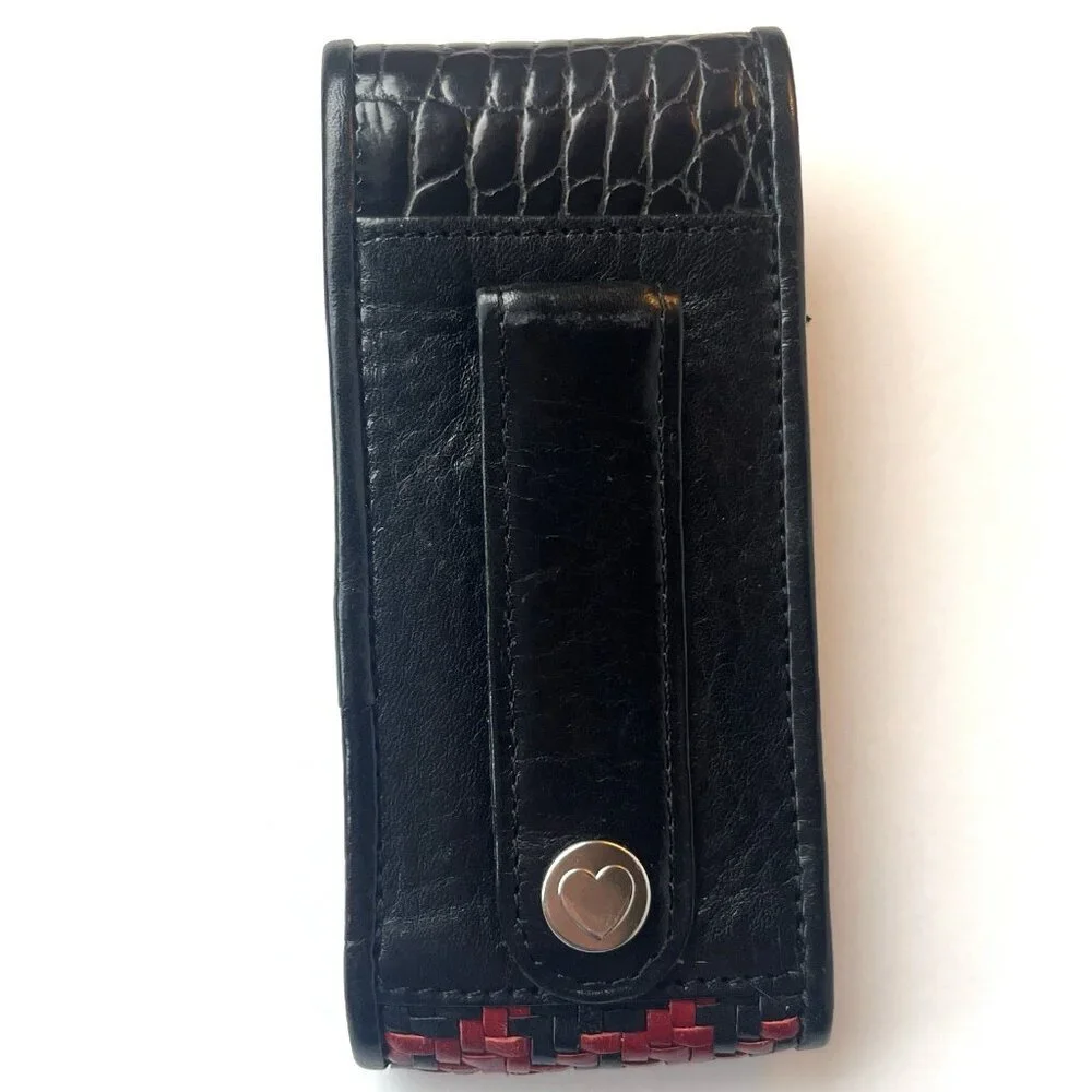 Vtg Brighton Woven Leather Lipstick Holder Case Black Red Houndstooth Mock Croc